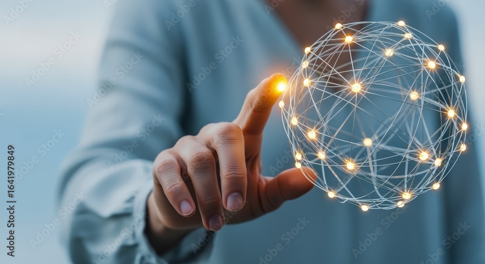 Aufkleber global network connection: person touching a glowing sphere representing technology and digital comm