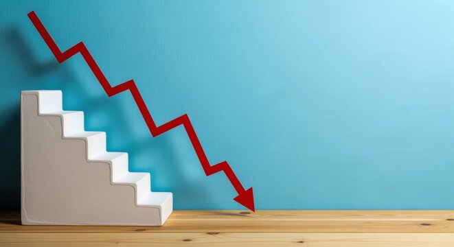 Economic Downturn Illustration: Red Arrow Descending Stairs Against Blue Background, Representing Market Decline and Financial Crisis
