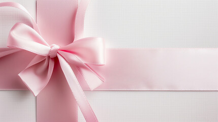 A pink ribbon tied in a bow on a white surface, the ribbon is shiny and smooth, the background is plain and bright