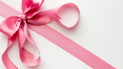 A pink ribbon tied in a bow on a white surface, the ribbon is shiny and smooth, the background is plain and bright