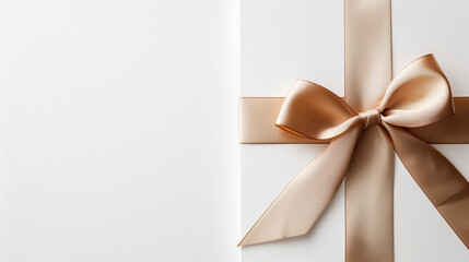 A pink ribbon tied in a bow on a white surface, the ribbon is shiny and smooth, the background is plain and bright