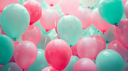 A bunch of pink, white and light blue balloons floating in the air, party decoration, celebration concept, festive mood, soft pastel colors