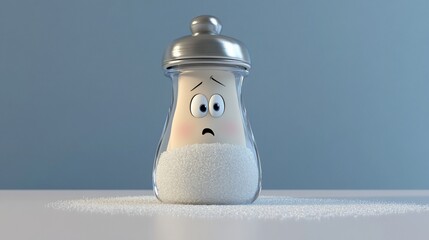 Animated salt shaker with an upset expression, filled with white substance