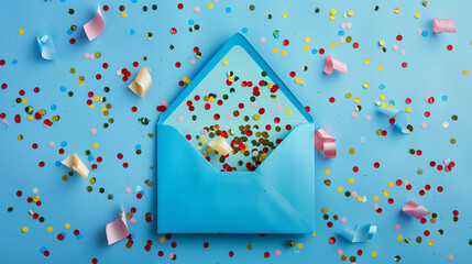 A light blue envelope with colorful confetti spilling out, set against a matching light blue background with scattered confetti