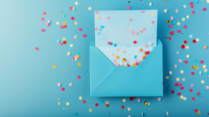 A light blue envelope with colorful confetti spilling out, set against a matching light blue background with scattered confetti