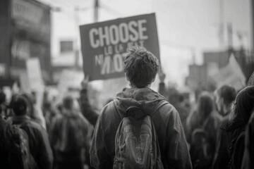 Person with backpack in monochrome crowd facing a 'CHOOSE' sign at an outdoor demonstration.