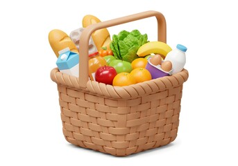 Wicker picnic basket filled with colorful food items isolated on white background.
Traditional outdoor dining solution perfect for leisure, family time and nature concepts.
