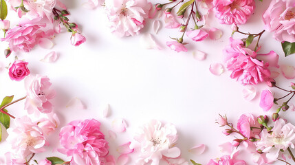 A collection of pink and white roses with buds scattered around a white background, soft lighting, romantic floral arrangement, elegant and delicate