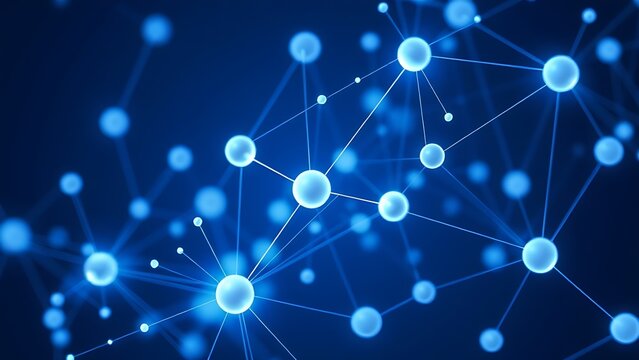 Abstract blue and white interconnected spheres with glowing nodes, symbolizing a digital network on a dark background.
