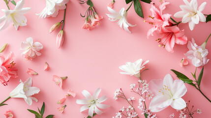  Pink and white gerbera daisies with small white flowers arranged on a white background, creating a soft and delicate floral composition