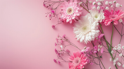  Pink and white gerbera daisies with small white flowers arranged on a white background, creating a soft and delicate floral composition