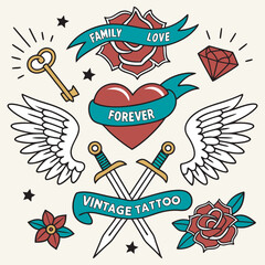 The image you’ve uploaded is a vibrant collection of vintage tattoo flash designs, featuring traditional American tattoo motifs such as roses, hearts, daggers, wings, keys, and banners with words like