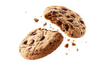 A stack of chocolate chip cookies with one cookie being broken in half and flying away isolated on a transparent background in PNG format.