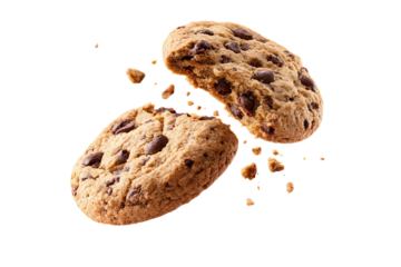 A stack of chocolate chip cookies with one cookie being broken in half and flying away isolated on a transparent background in PNG format.