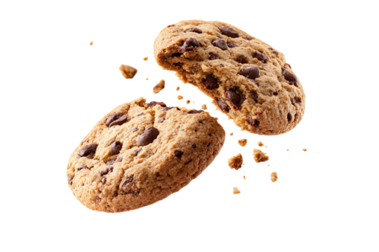 A stack of chocolate chip cookies with one cookie being broken in half and flying away isolated on a transparent background in PNG format.