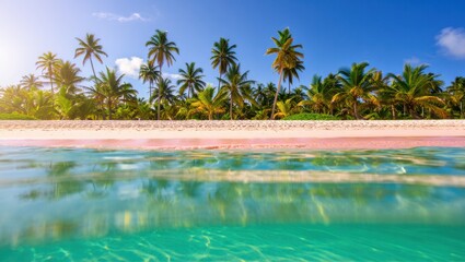 Obraz premium Tropical beach with palm trees and turquoise water on a sunny day