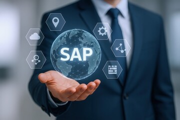 Business professional presenting a technological innovation solution, showcasing global connectivity and data management with digital interface