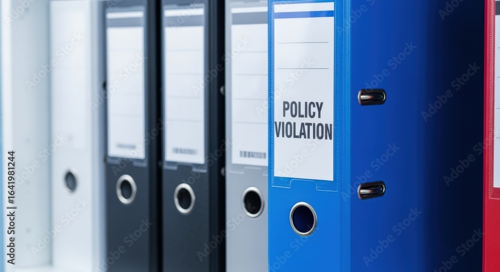Poster organized files: policy violation documentation in a row of colorful office binders on a shelf
