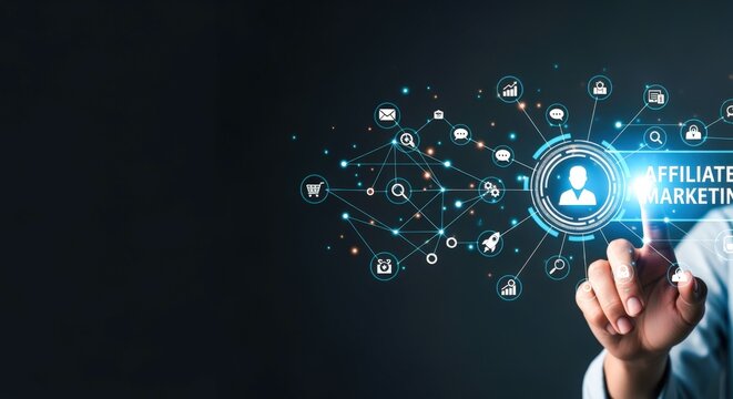 Affiliate Marketing Strategy Visualization with Hand Pointing at Digital Interface on Dark Background
