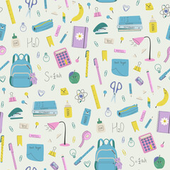 Back to school background. Children's school elements seamless pattern. Cute ornament with accessories for study and creativity. Flat design hand drawn vector illustration.
