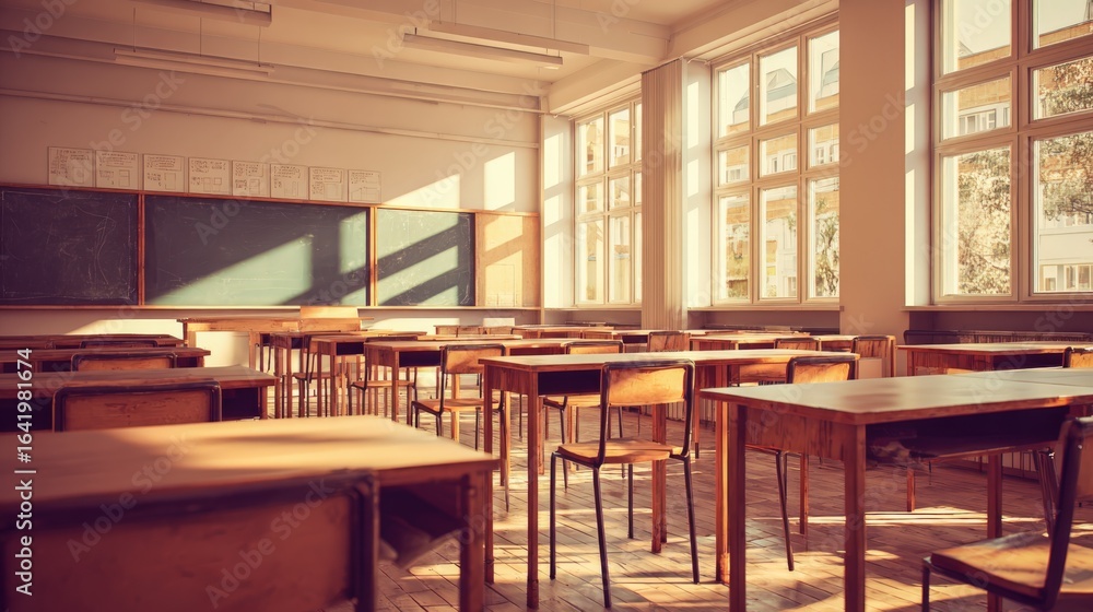 Aufkleber empty classroom with desks and chalkboard in warm sunlight: educational setting for learning