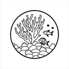 Ocean Coral Reef and Fish Flat Line Drawing Vector