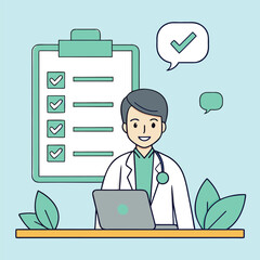 Next to the doctor is a list with marked answers. Illustartion graphics in flat design style. There is a speech bubble next to the character and laptop.exam, health care, african american, cardiology,