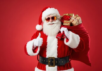 Cool santa claus with heart shaped sunglasses and gift bag giving thumbs up on red background