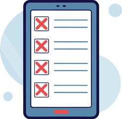 document with a test, all answers are wrong. Marked with a red X. Made by man. A sheet of paper with a wrongly solved test on the phone screen. Illustartion.agenda, checklist, document, list, mark,