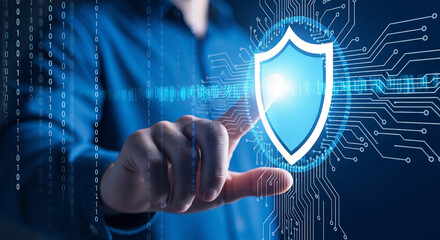 Person touching glowing blue shield with binary code and circuit board cybersecurity