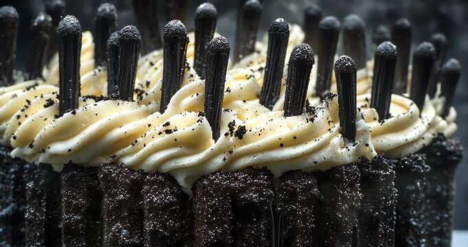 A black cake with white frosting and matchsticks is presented on a dark background.