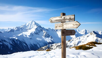 Wooden signpost snowy mountain view