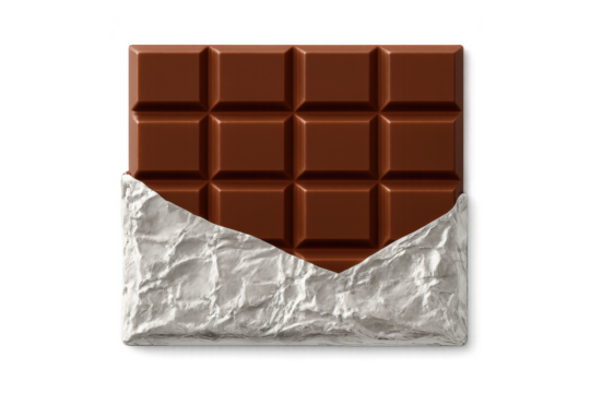 Milk chocolate bar partially wrapped in crumpled silver foil on transparent background