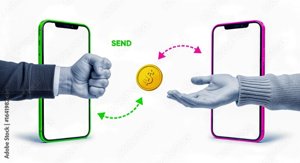Aufkleber digital money transfer concept: person sending currency via smartphone to another user with empty sc