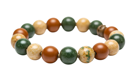 Earth-toned beaded bracelet on black. Round beads show green, brown, and tan. Great for product photography, jewelry ads, or social media promotions.
