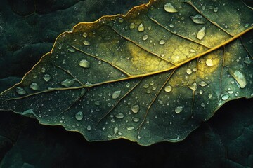 Fototapeta premium Close-up of a dew-covered leaf, showcasing intricate vein patterns and rich, contrasting colors.