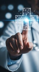 Doctor taps glowing digital medical cross symbol bringing innovative healthcare solutions to patients worldwide