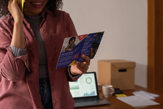 Woman calling to investment broker company at home