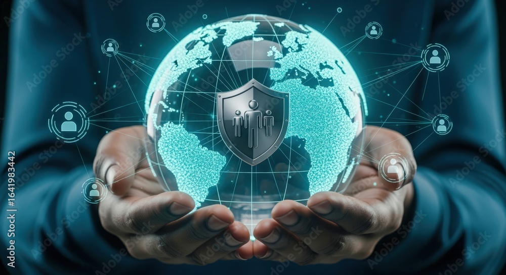Poster protecting global network: hands holding globe with security shield, representing cyber security and