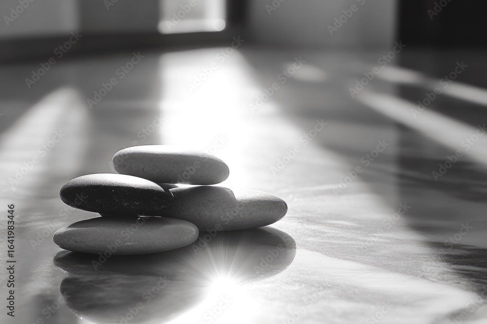 Aufkleber a stack of smooth stones rests on a reflective surface, bathed in sunlight, creating a serene and pe