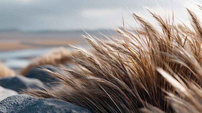 Detailed close-up of windblown grasses.