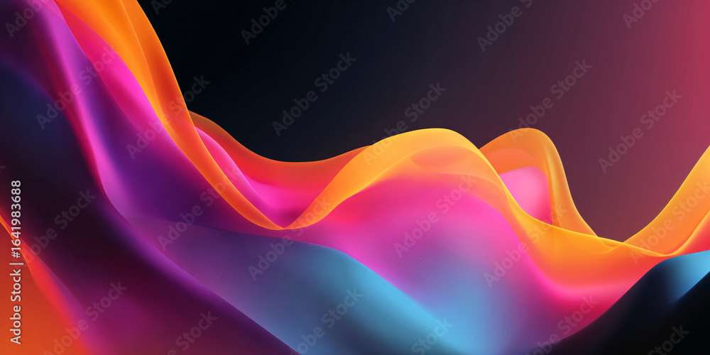 Poster abstract multicolored wave on dark background. bright and saturated colors in gradient. banner. smoo