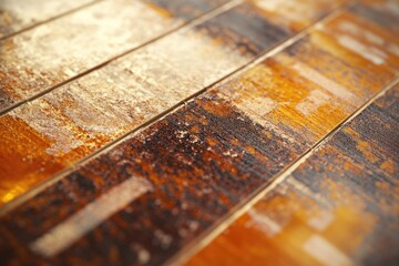 Naklejka premium Close-up of rustic wooden planks with a blend of dark brown and gold accents.