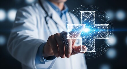 Doctor touching digital healthcare interface, innovative medical technology solutions concept