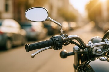 Motorcycle Handlebars View - Close-Up Chrome Mirror and Controls on Urban Street, Transport and Automotive Concepts