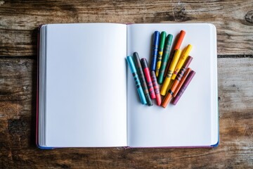 A blank notebook lies open on a wooden surface, with a pile of colorful crayons resting on its pages, ready for creative expression.