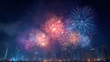 Obraz premium Festive Fireworks Display Illuminating Night Sky Over City Skyline Celebrating Special Event
