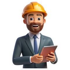 3d cartoon engineer with tablet isolated on transparent background