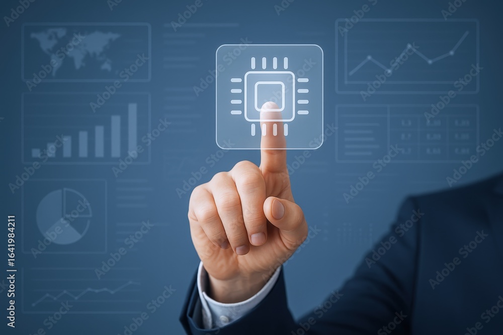 Poster businessman touching futuristic interface displaying data, graphs, and microchip icon for technology