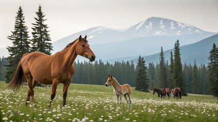 Fototapeta premium Majestic horse and foal in a scenic mountain meadow